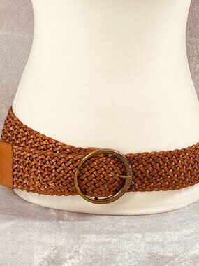 Chicos Wide Braided Belt Womens 36 Brown Leather Adjustable Brass Buckle Classic